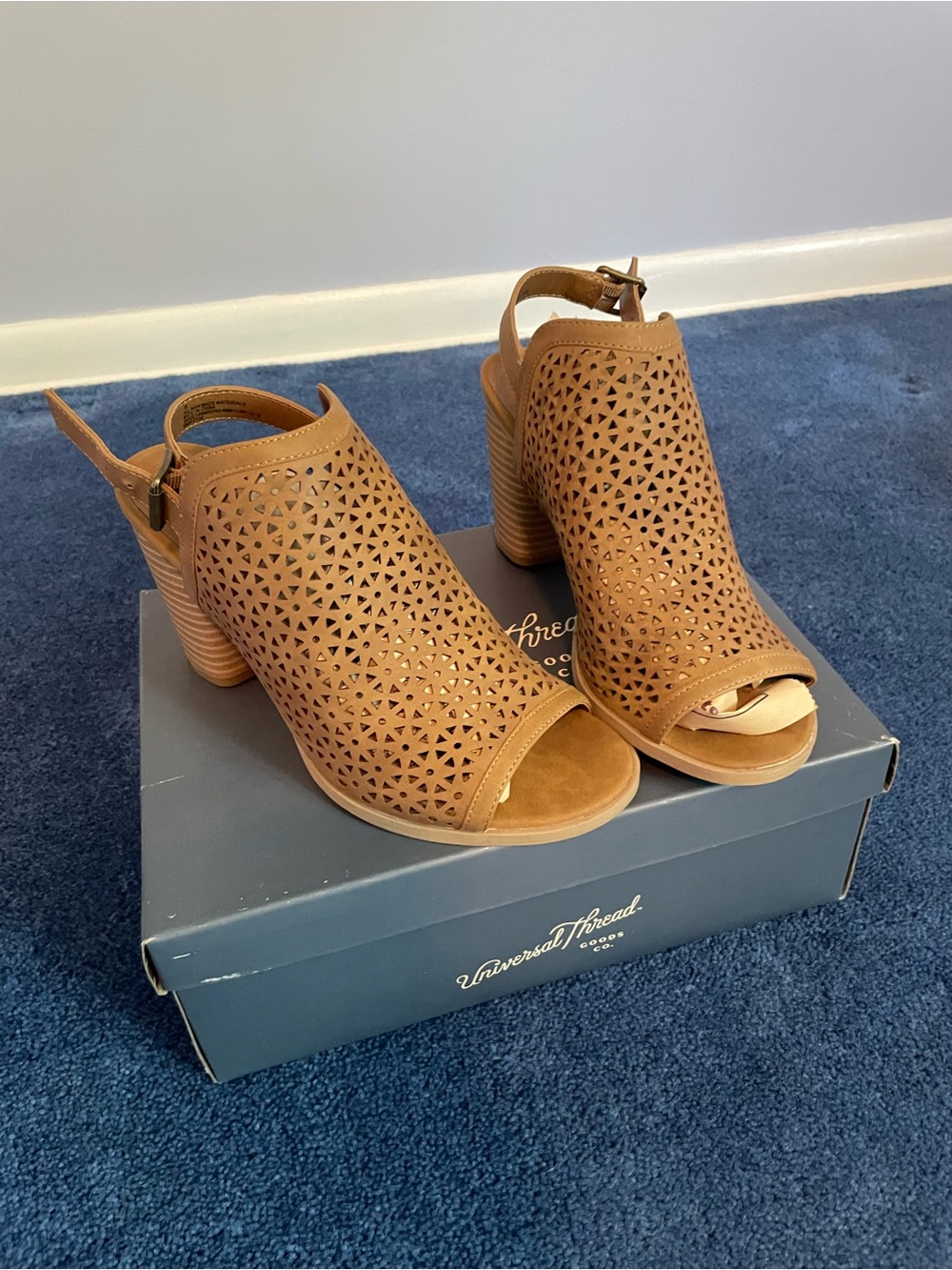 Women's Tan Laser-Cut Block Heel Sandals - Picture 2 of 3